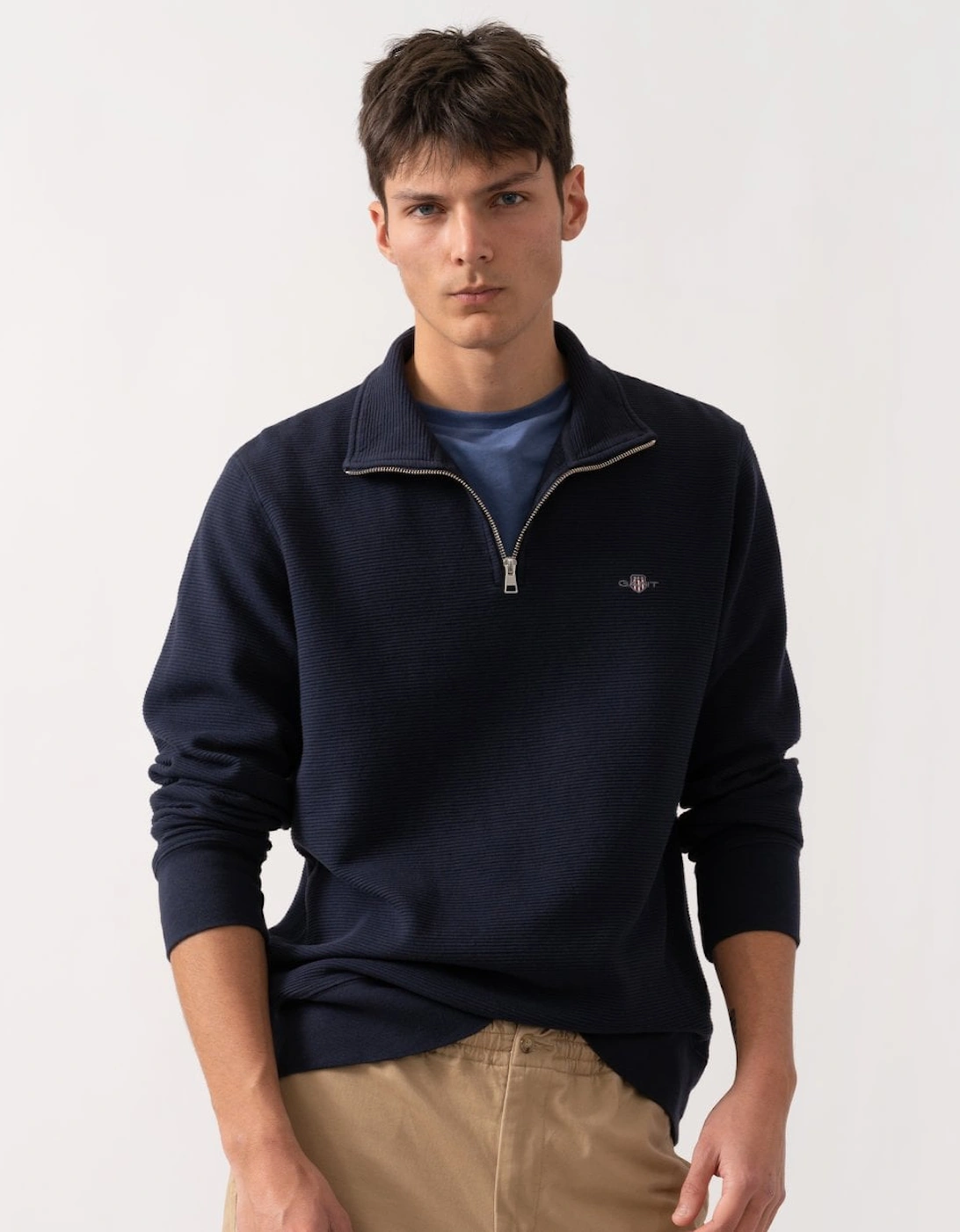 Men's GANT Mens Texture Half-Zip Sweatshirt - 433 Evening Blue - Navy - Size: 42