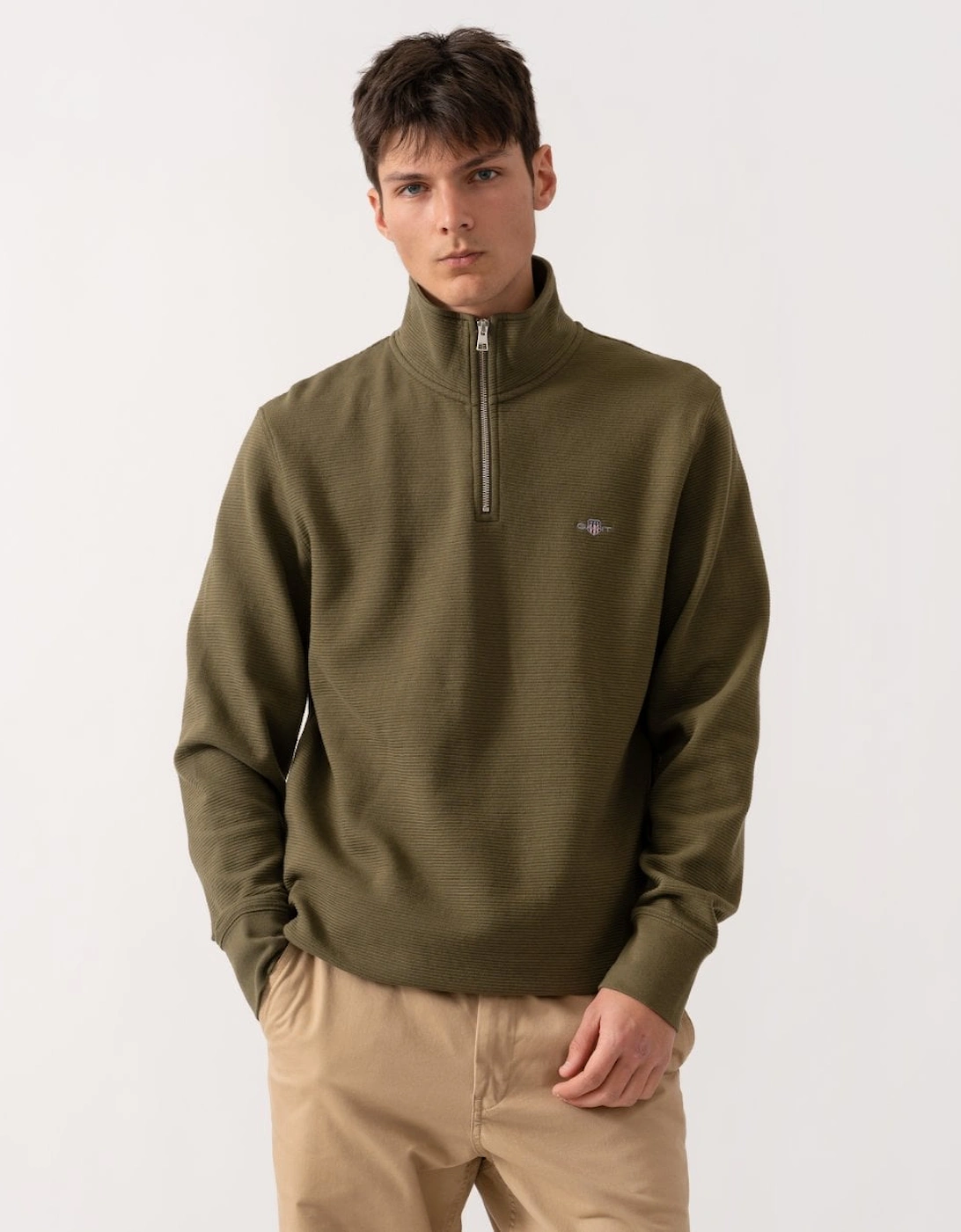 Men's GANT Mens Texture Half-Zip Sweatshirt - 301 Juniper Green - Tan - Size: 42