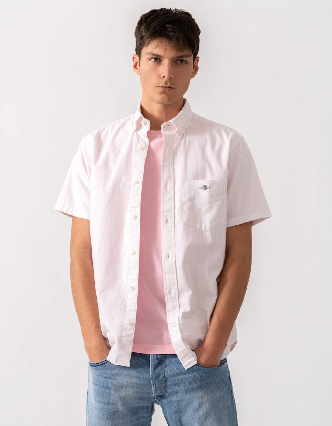 Men's GANT Mens Regular Fit Classic Oxford Stripe Short Sleeve Shirt - 662 Light Pink - White - Size: 38/Regular