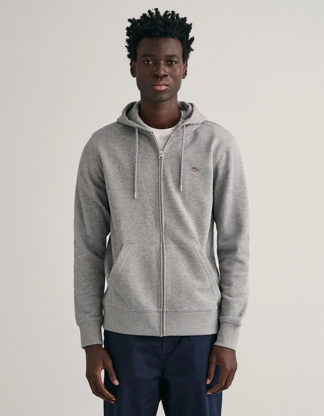 Gant Men's Grey Melange Regular Fit Shield Logo Full Zip Hoodie - 93 - Size 38