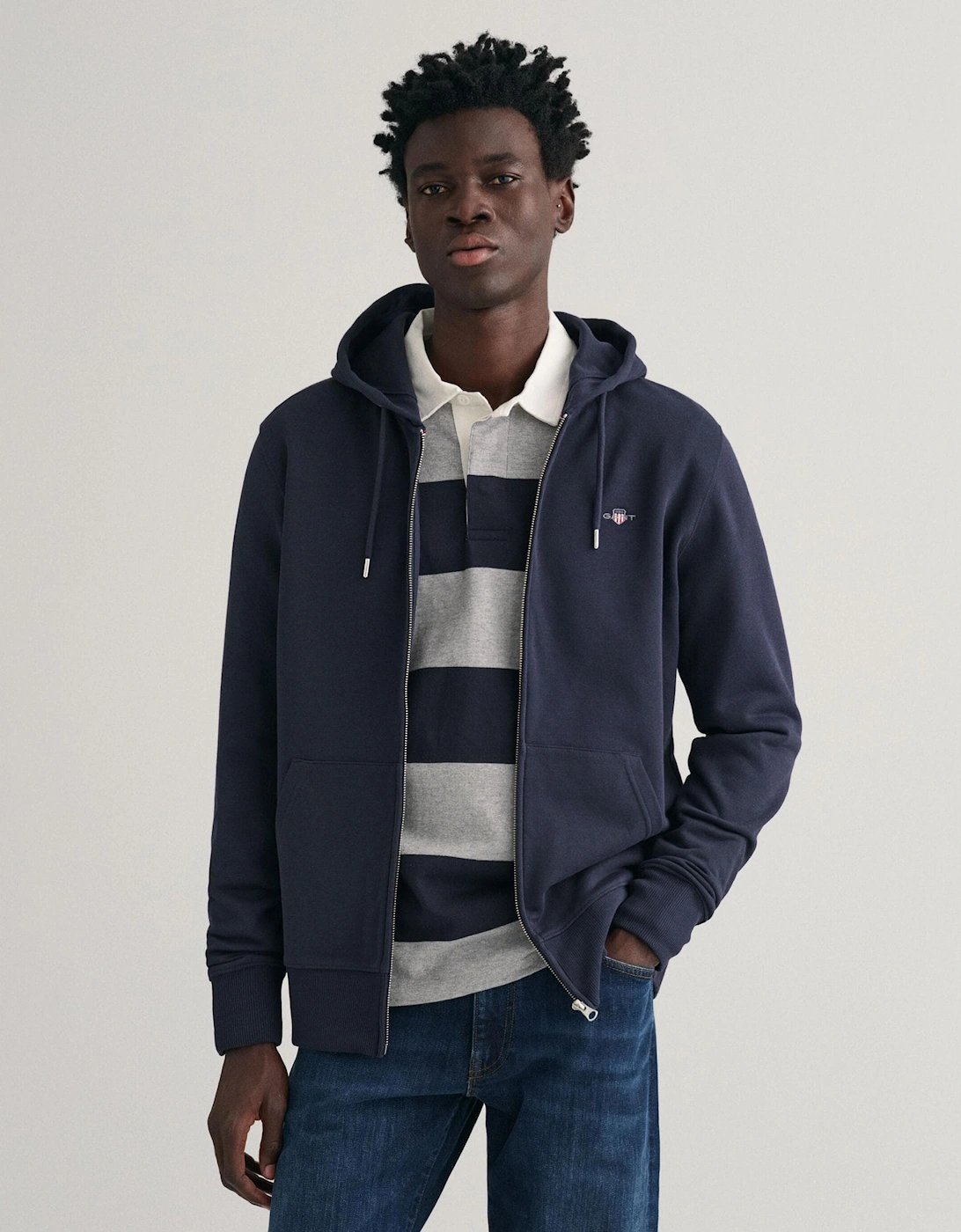 Gant Men's Navy Regular Fit Shield Logo Full Zip Hoodie - 433 Evening Blue - Size: 44