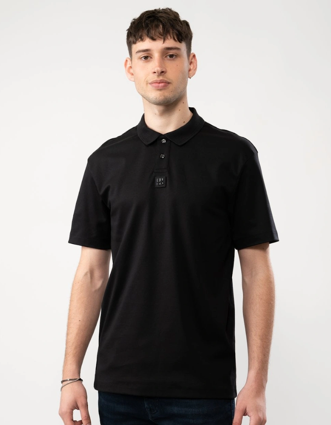 Men's HUGO Deabono Mens Interlock Cotton Polo Shirt with Stacked Logo - Black 001 - Size: 38
