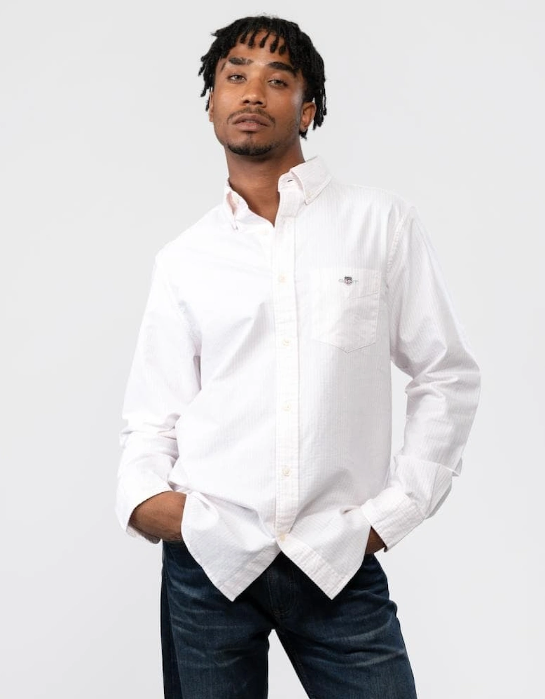 Men's GANT Mens Regular Fit Long Sleeve Oxford Banker Stripe Shirt - 662 Light Pink - White - Size: 40/Regular