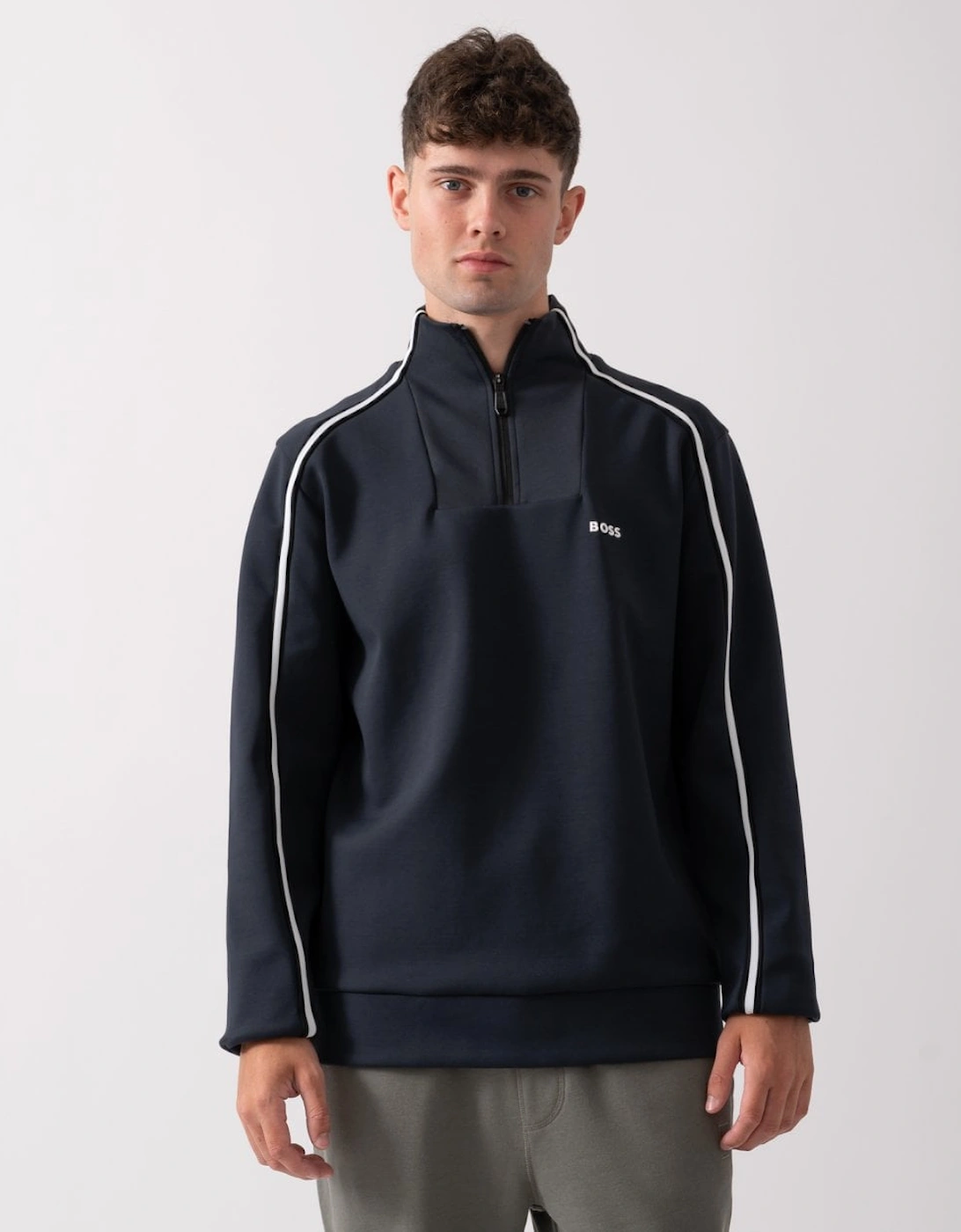 Men's BOSS Green Sweat 1 Mens 1/4 Zip Sweatshirt with Contrast Piping - Dark Blue 402 - Navy - Size: 40