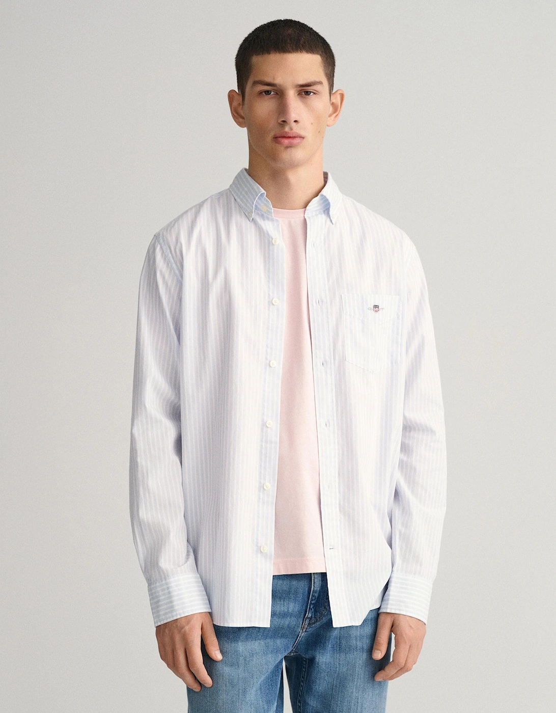 Gant Men's White Regular Fit Long Sleeve Poplin Stripe Shirt - 455 Light Blue  42/Regular Xl