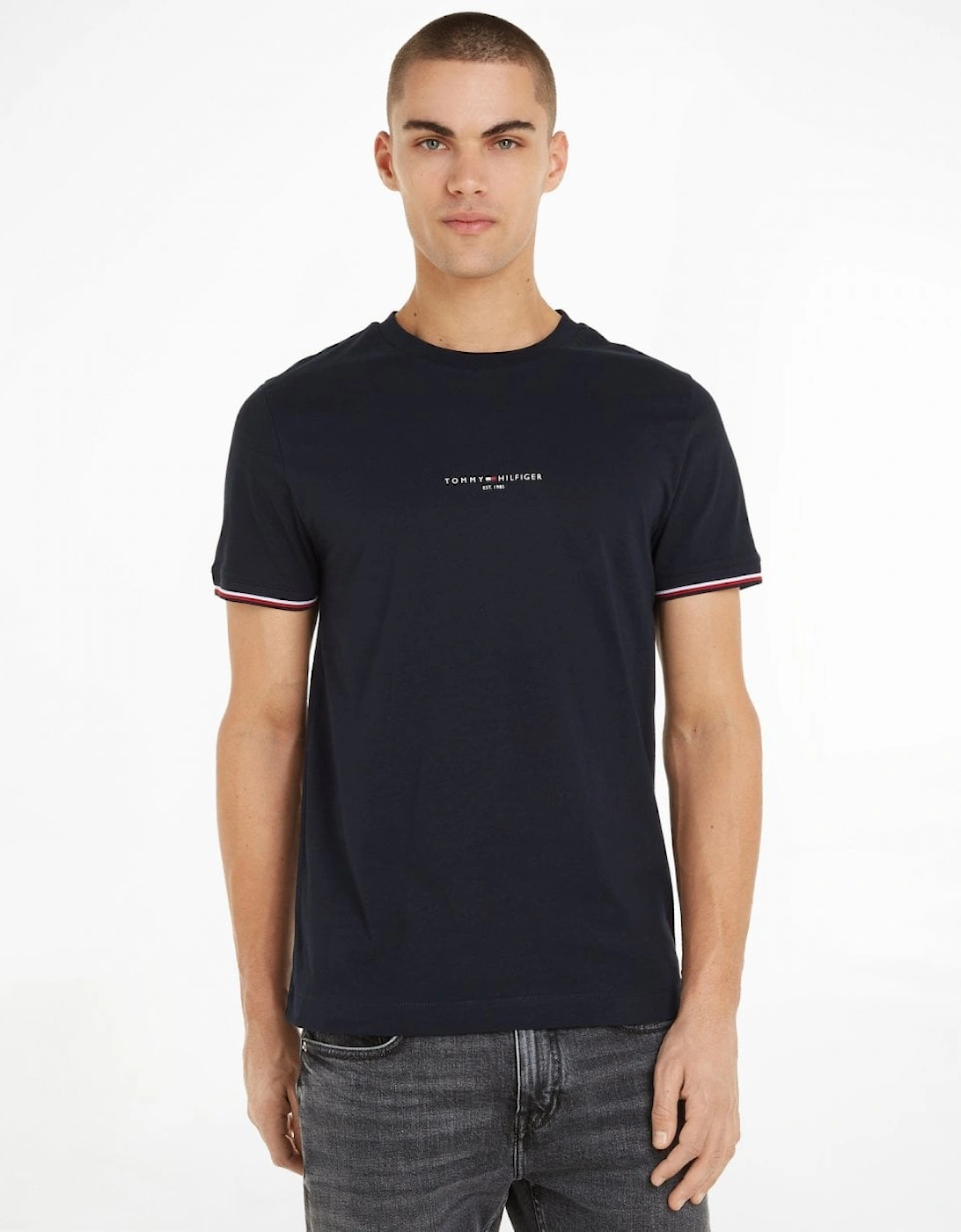 Tommy Hilfiger Men's Blue/Black Tommy Logo Tipped T-Shirt - Desert Sky  42/Regular Xl