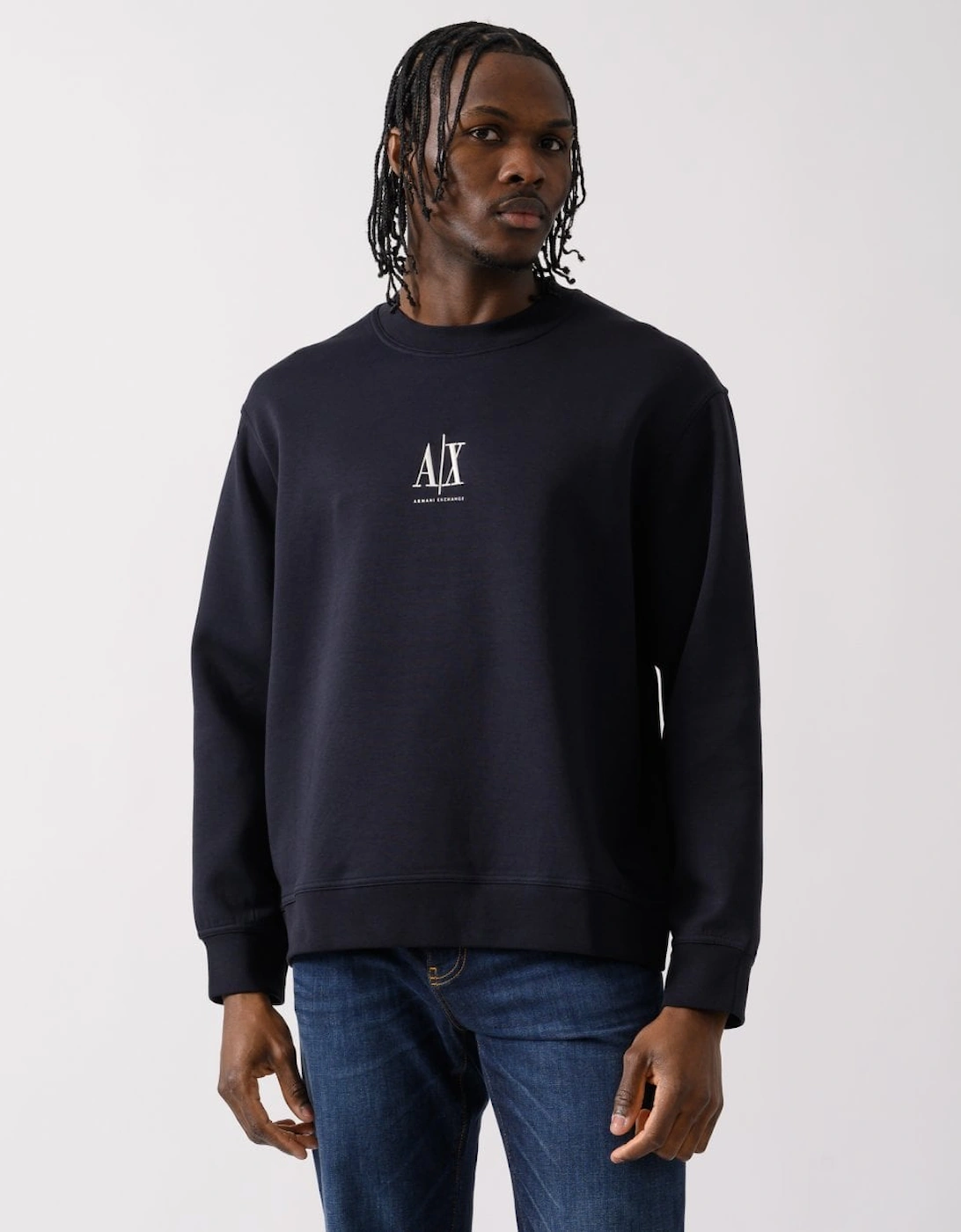 Armani Exchange Men's Black Embroidered A|X Centre Logo Crew Neck Sweatshirt - Deep Navy Ub101  42 Xl