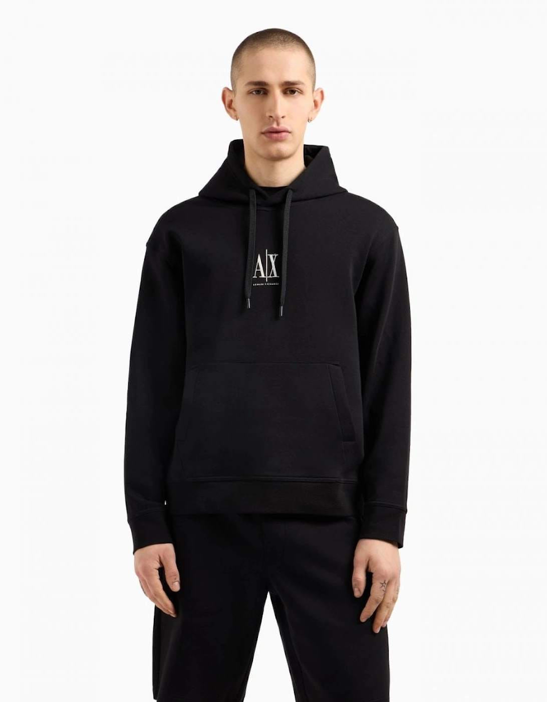 Armani Exchange Men's Black Embroidered A|X Centre Logo Pullover Hoodie - Uc001 - : 42/Regular Xl