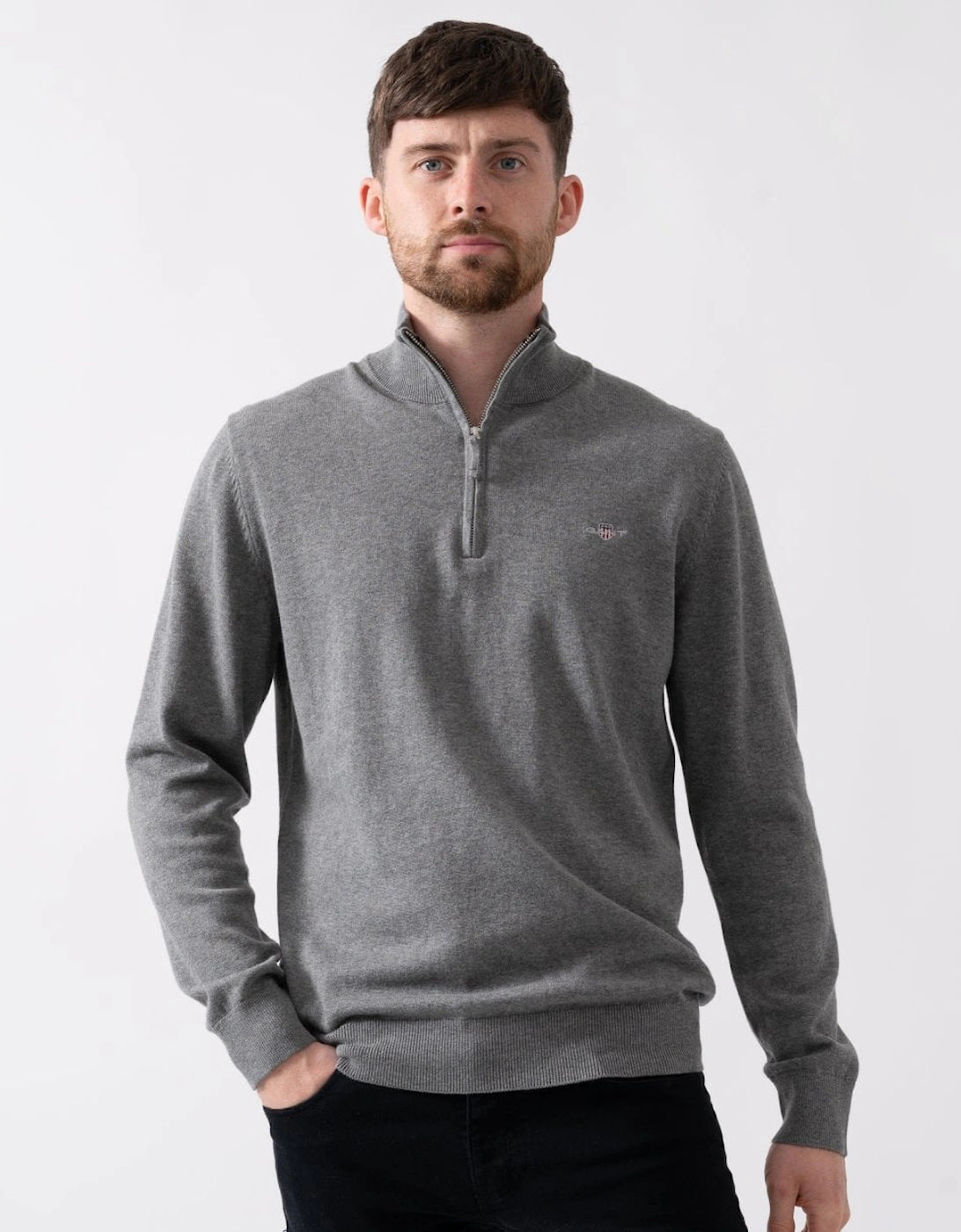 Gant Men's Grey Classic Cotton Half Zip Jumper - 92 Dark Melange  40 L