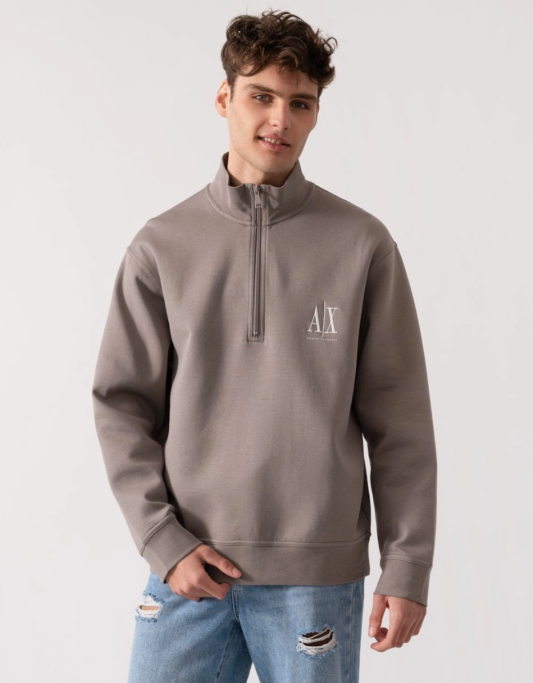 Armani Exchange Men's Brown Embroidered A|X Logo 1/4 Zip Sweatshirt - : 38/Regular M