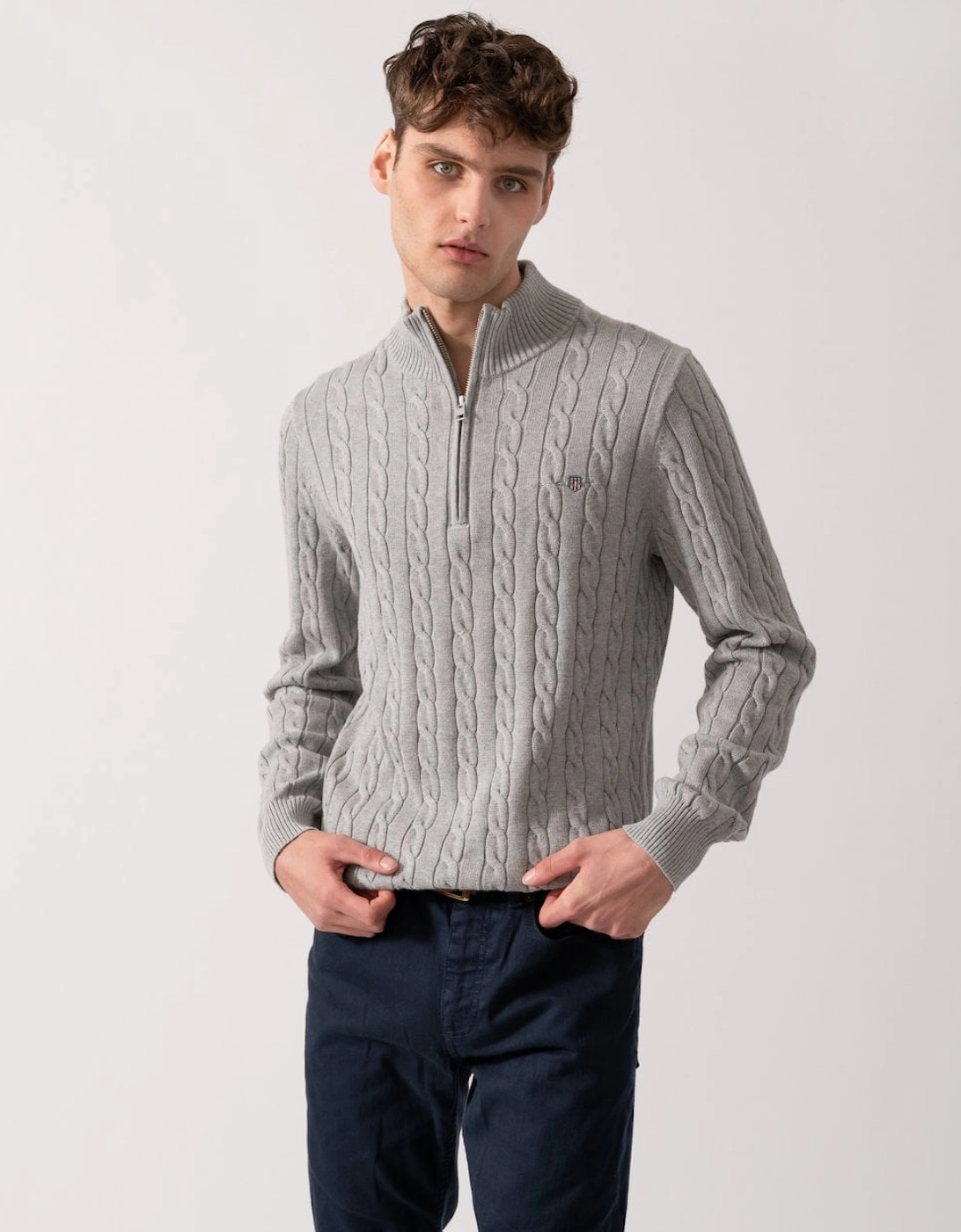 Men's GANT Mens Cotton Cable Half Zip Jumper - 93 Grey Melange - Size: M