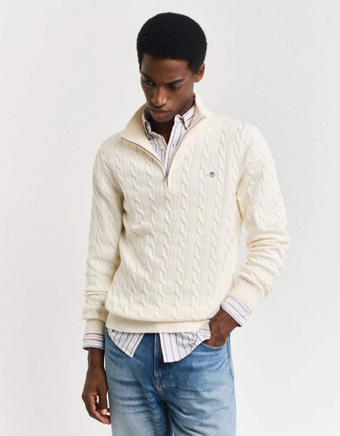 Gant Men's Cream Cotton Cable Half Zip Jumper - : Xxl