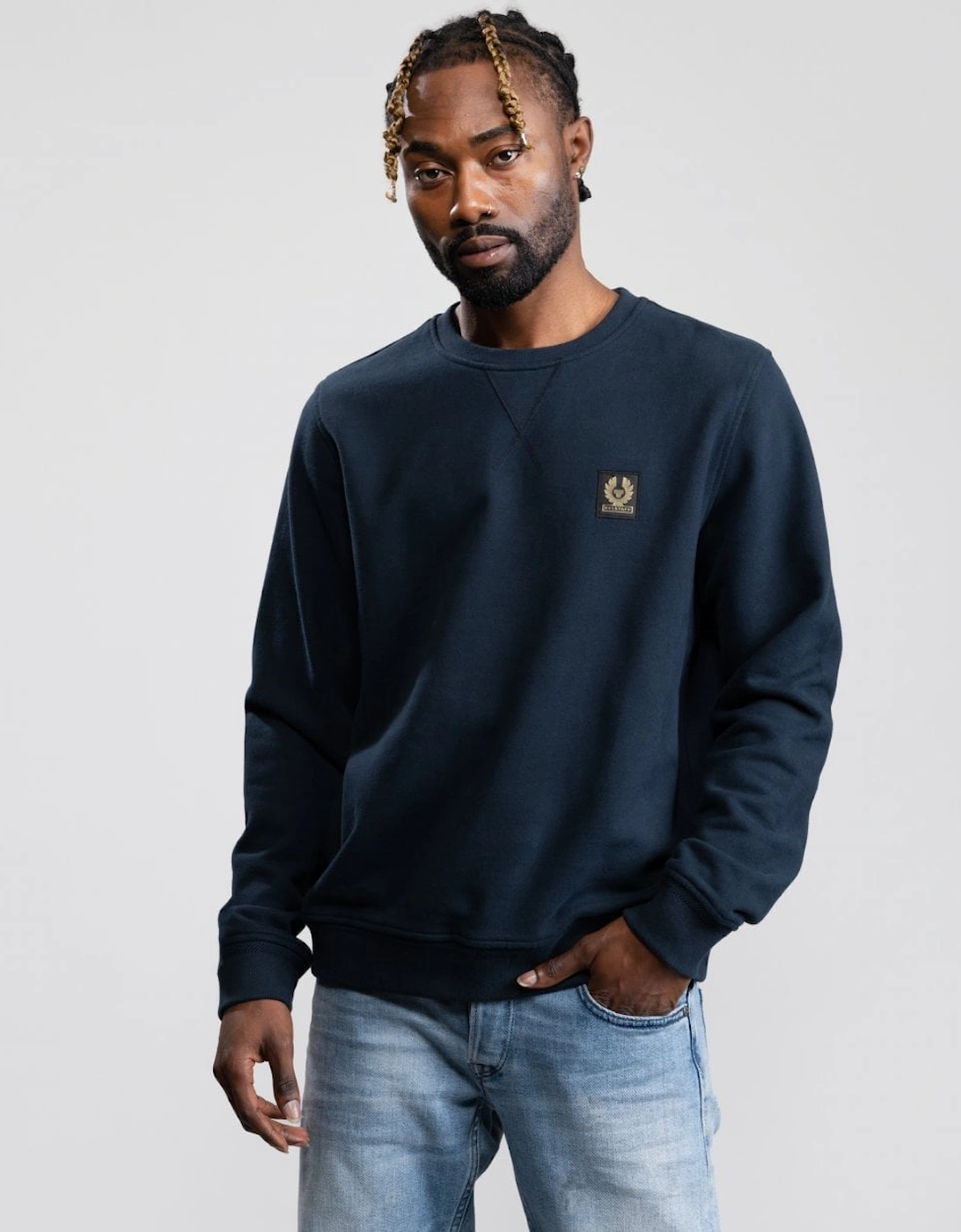 Belstaff Men's Navy Crew Neck Sweatshirt With Logo Patch - Dark Ink  36 S