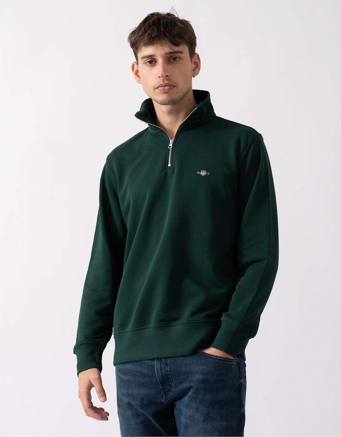 Men's GANT Mens Regular Fit Shield Logo Half Zip Sweatshirt - 374 Tartan Green - Size: 44
