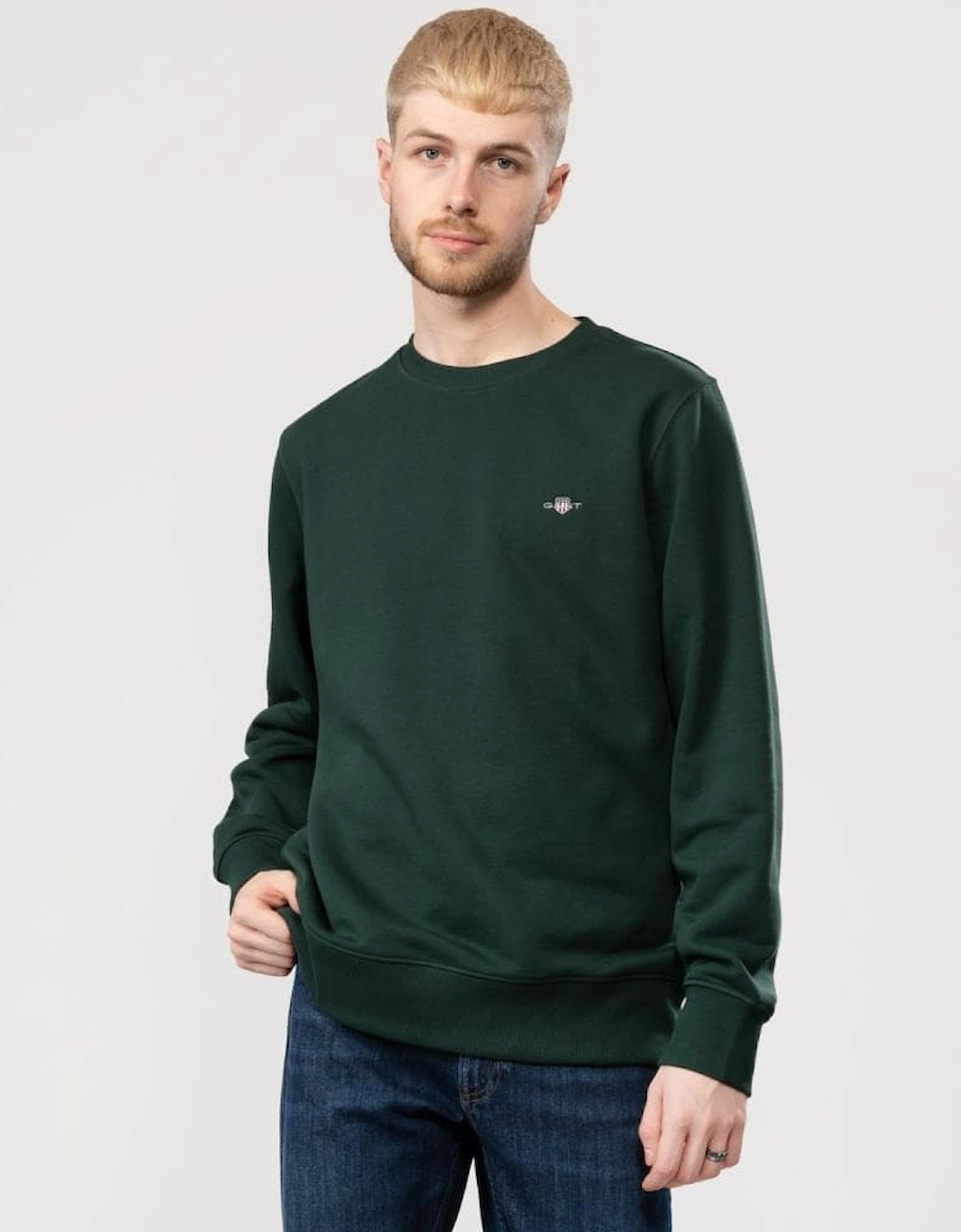 Men's GANT Mens Regular Fit Shield Logo Crew Neck Sweatshirt - 374 Tartan Green - Size: 40