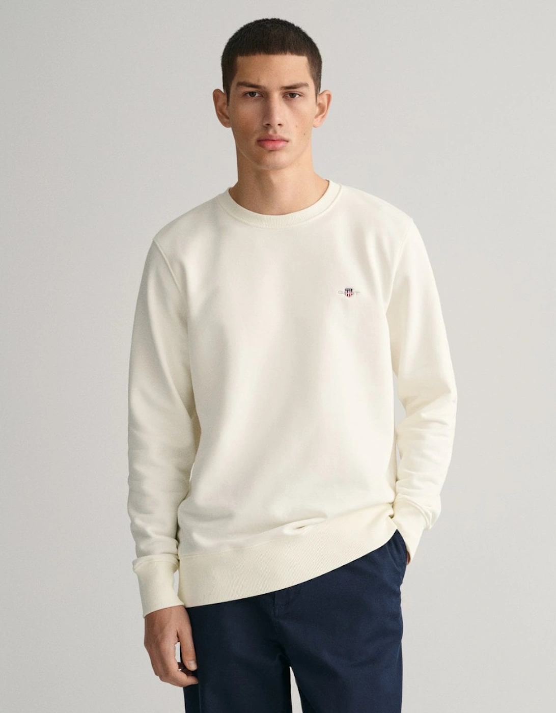 Gant Men's White Regular Fit Shield Logo Crew Neck Sweatshirt - 113 Eggshell - Size 42