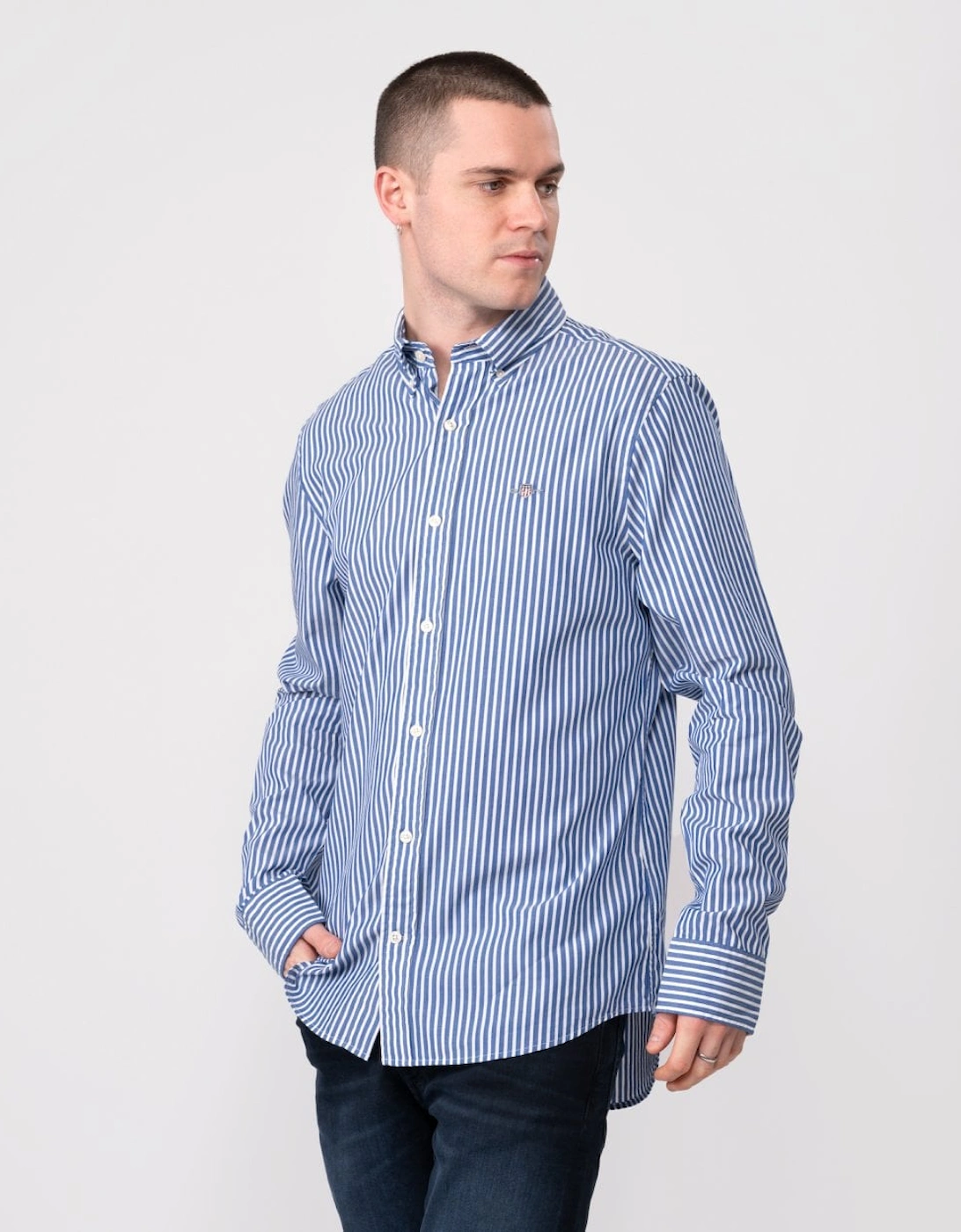 Men's GANT Mens Slim Fit Striped Poplin Shield Shirt - 436 College Blue - Size: 40/Regular
