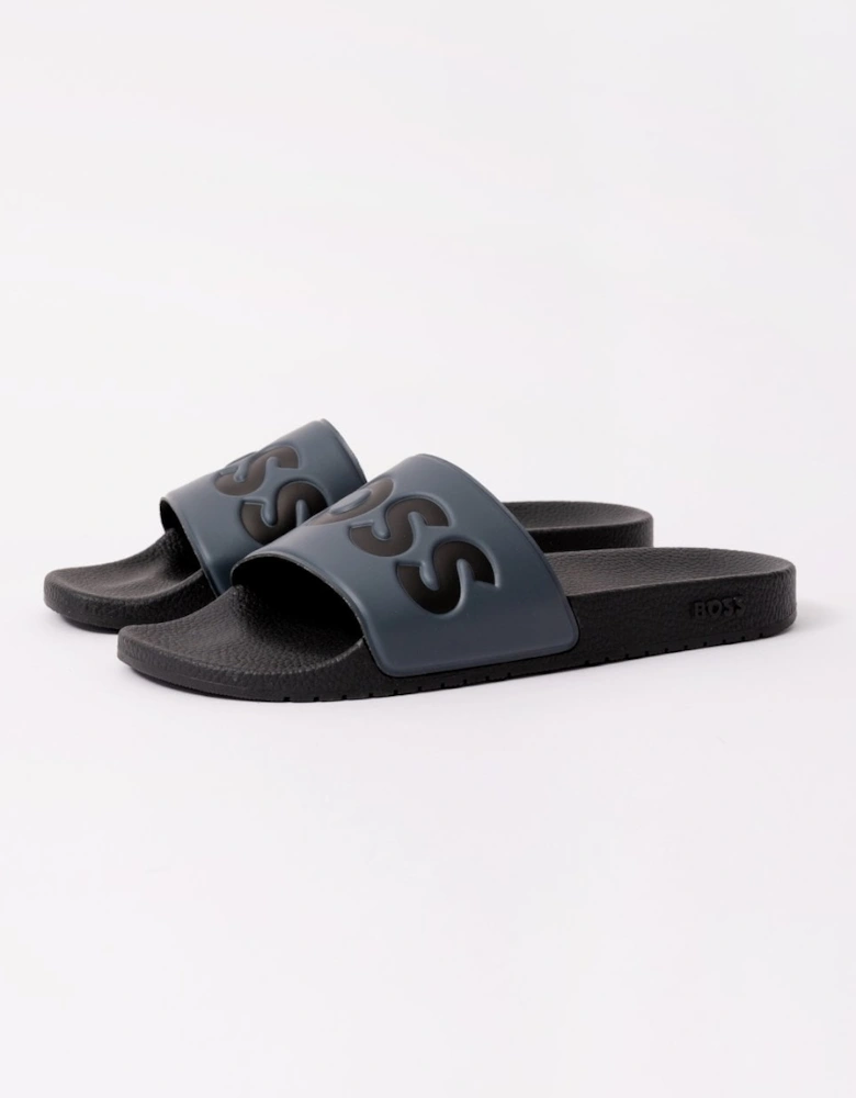 BOSS Orange Aryeh Mens Italian-Made Slides With Large Logo Detail - Medium Grey 036