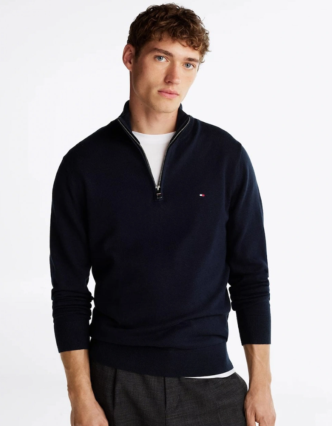 Men's Tommy Hilfiger Organic Cotton Cashmere Mens Zip-Mock Sweater - Desert Sky - Blue/Black - Size: 36