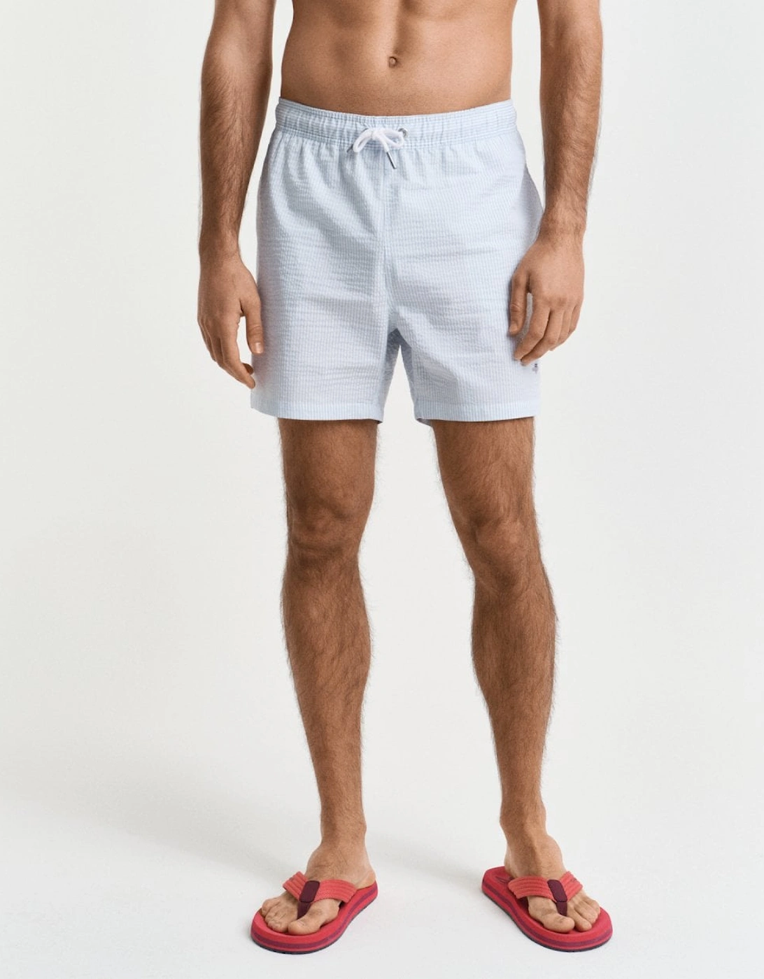 Mens Striped Seersucker Swim Shorts with Embroidered Shield Logo, 5 of 4