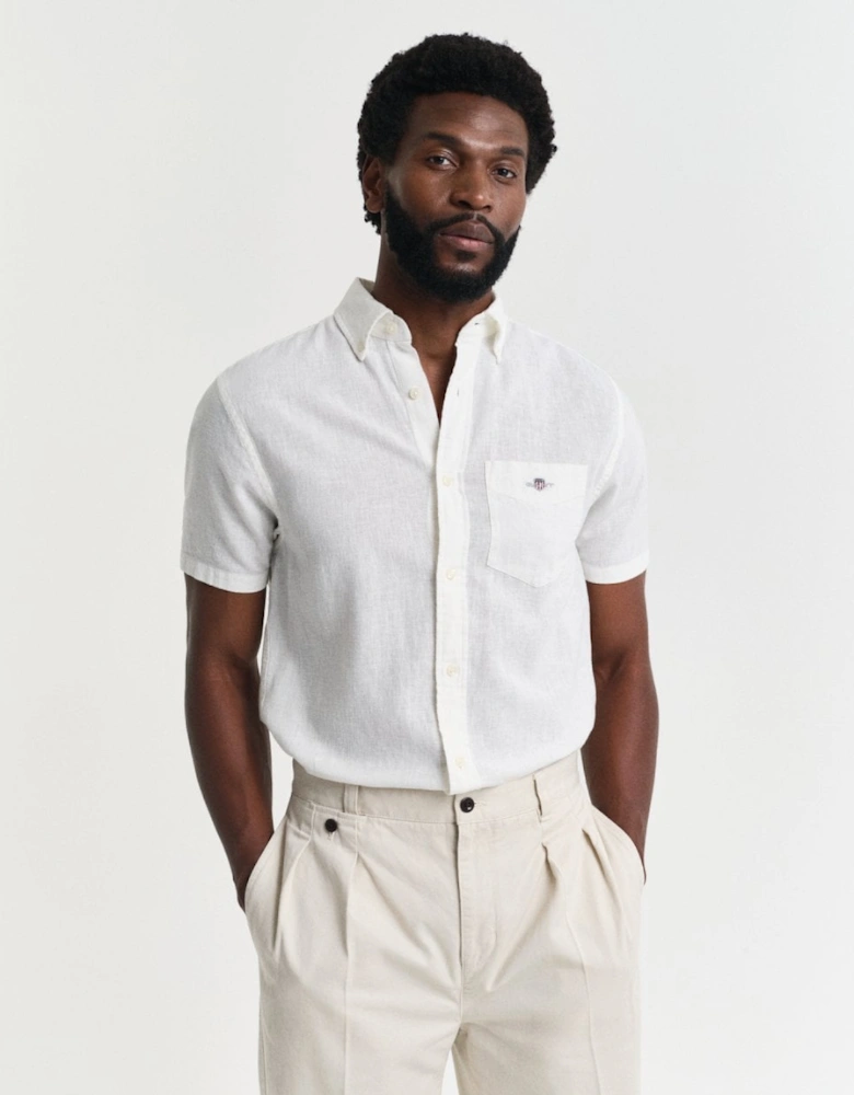 Mens Regular Fit Cotton Linen Short Sleeve Shirt with Embroidered Shield