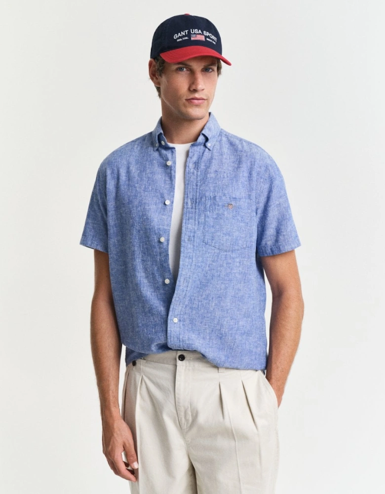 Mens Regular Fit Cotton Linen Short Sleeve Shirt with Embroidered Shield