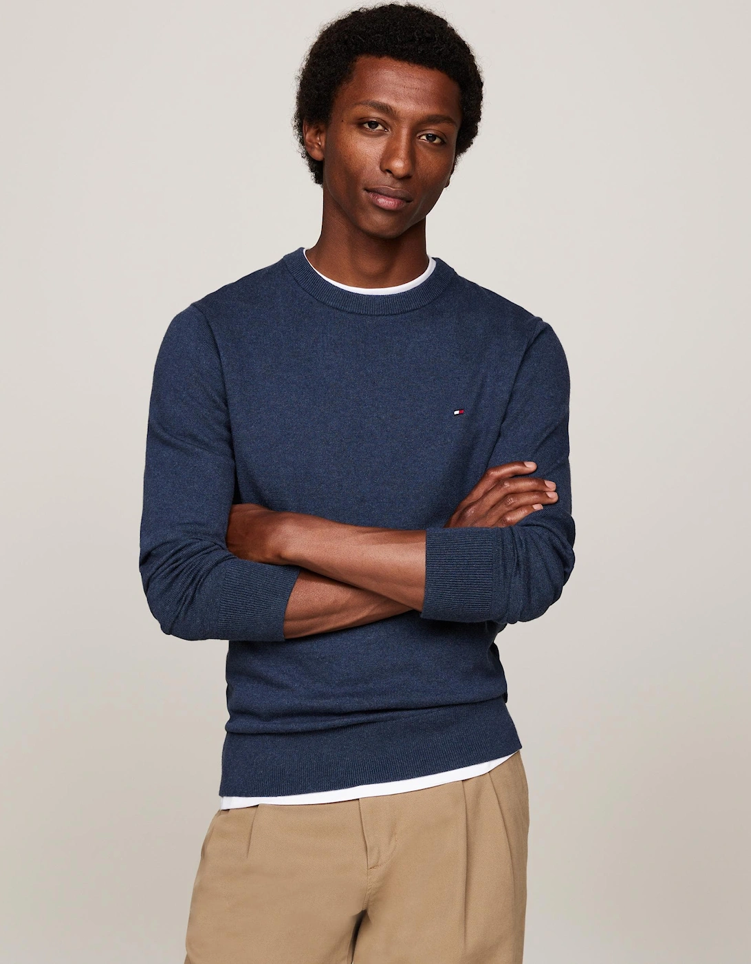 Tommy Hilfiger Men's Navy Organic Cotton Cashmere Crew Sweater - Aegean Sea Heather  42 Xl