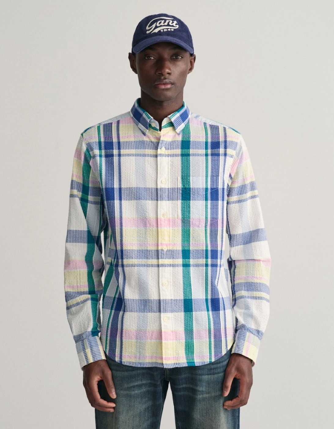 Mens Regular Fit Seersucker Madras Shirt, 5 of 4