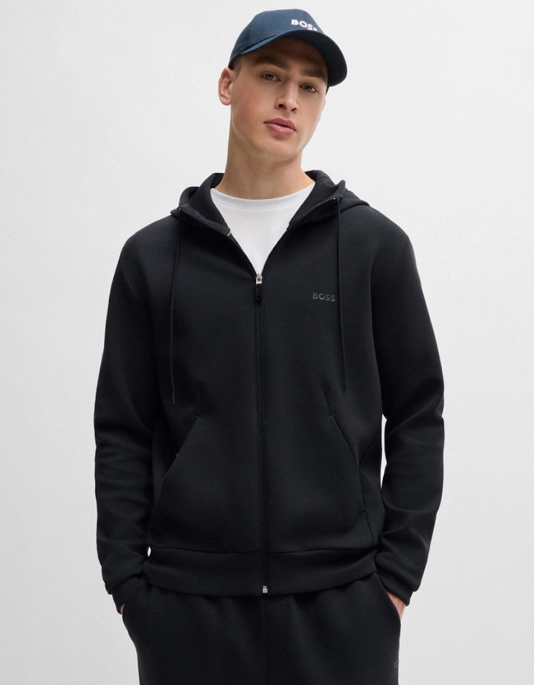 Men's BOSS Green Saggy Mens Stretch Cotton Zip-Up Hoodie with Logo Print NOS - Dark Blue 402 - Navy - Size: 38