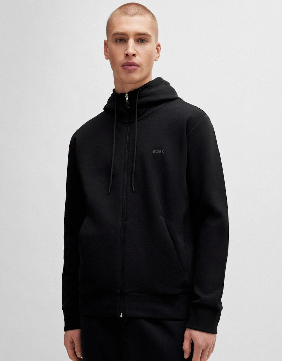 Men's BOSS Green Saggy Mens Stretch Cotton Zip-Up Hoodie with Logo Print NOS - Black 001 - Size: 40