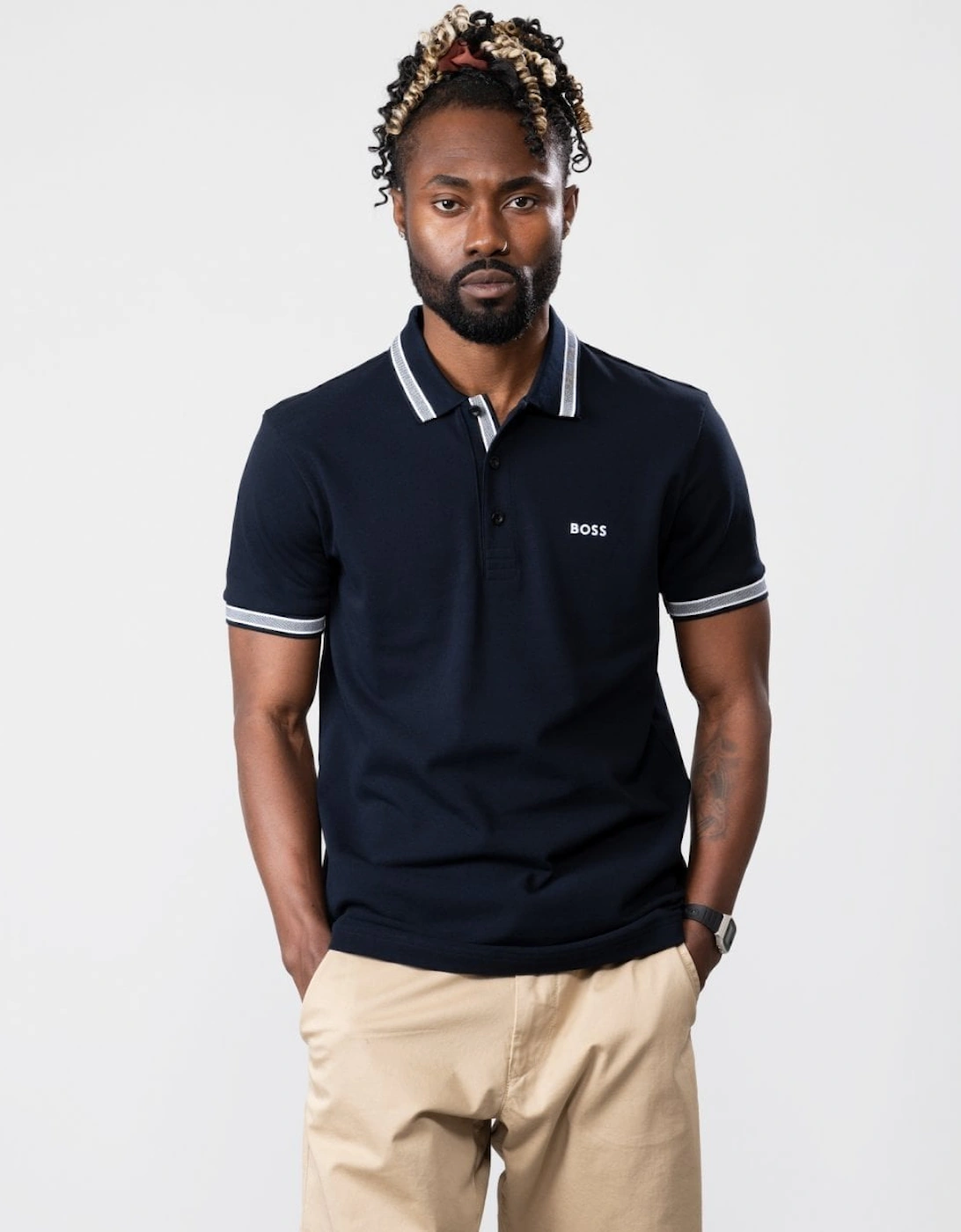 Hugo Boss Men's Navy Boss Green Paddy Cotton-Piqué Polo Shirt With Contrast Logo - Dark Blue 402 - Size: 42
