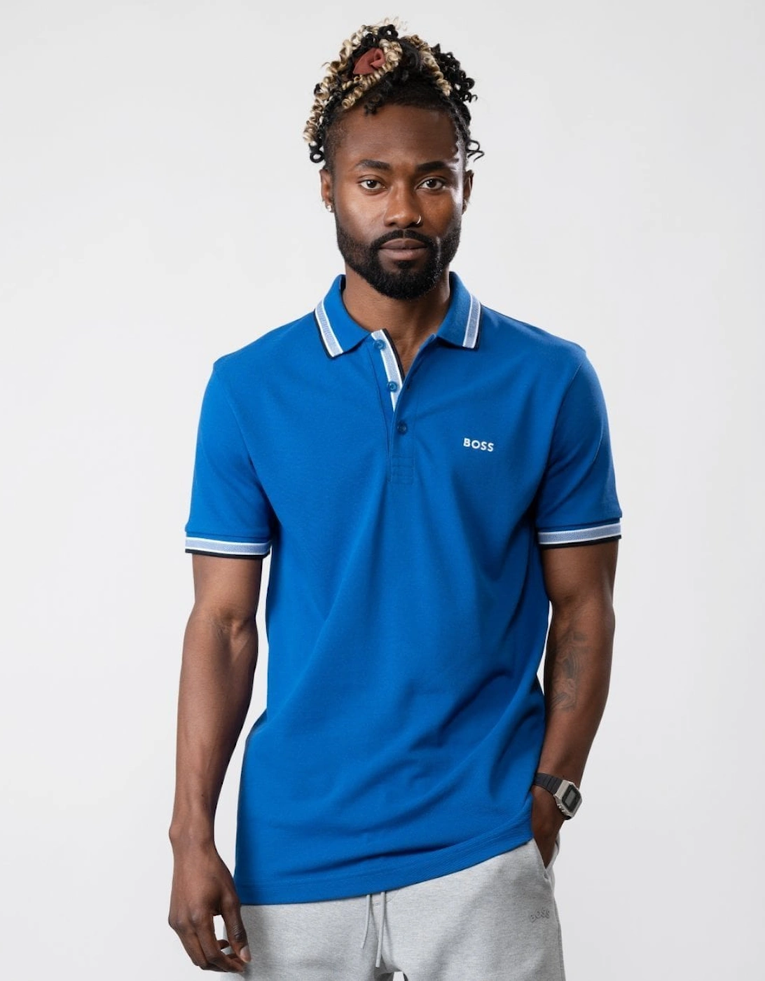 Hugo Boss Men's Blue Boss Green Paddy Cotton-Piqué Polo Shirt With Contrast Logo - Medium 420 - Size: 46