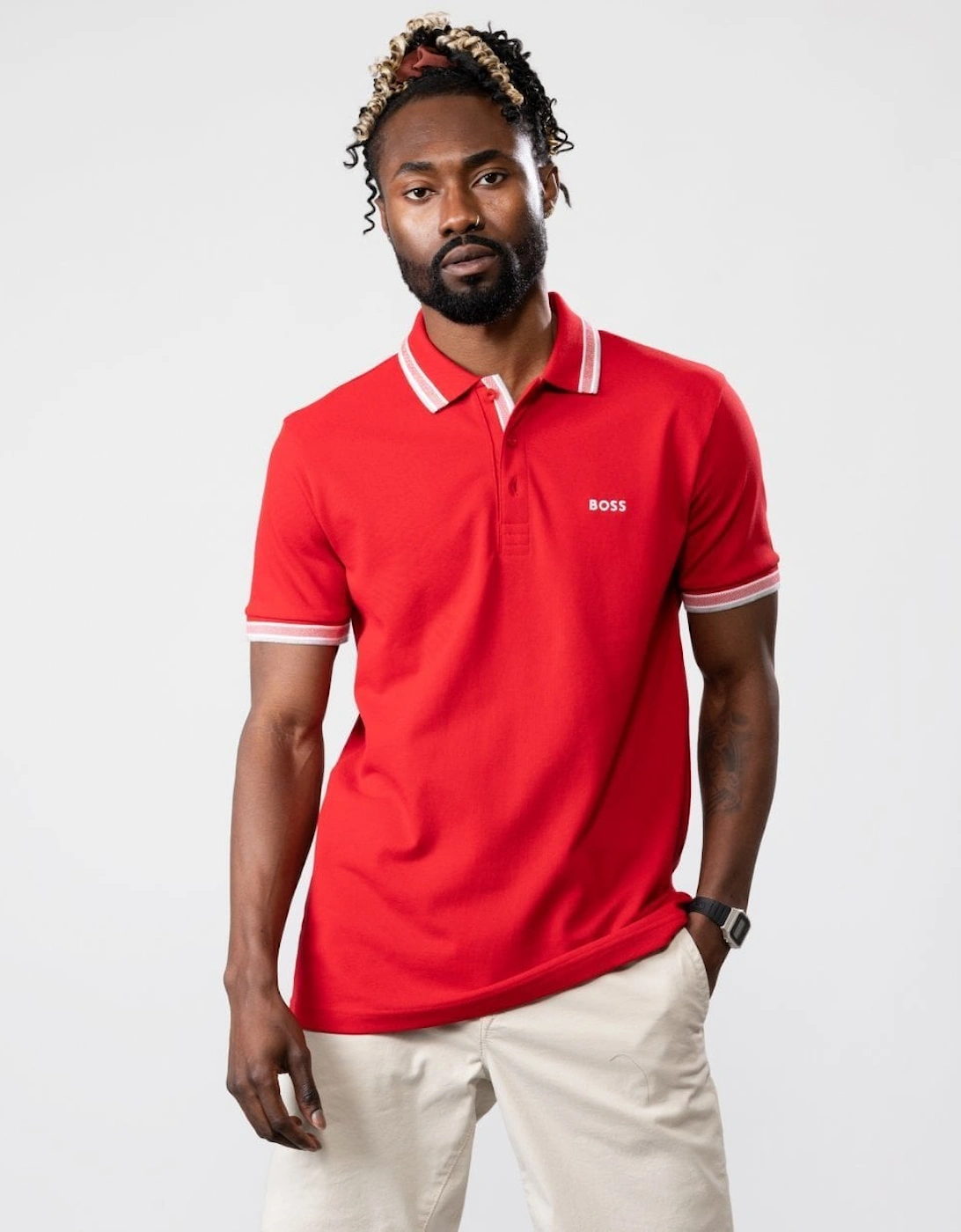 Hugo Boss Men's Red Boss Green Paddy Cotton-Piqué Polo Shirt With Contrast Logo - 610  42 Xl