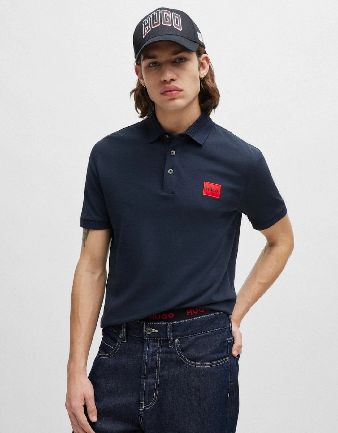 Men's HUGO Dereso222 Mens Cotton Piqué Slim-Fit Polo Shirt with Logo Label NOS - Dark Blue 405 - Navy - Size: 40