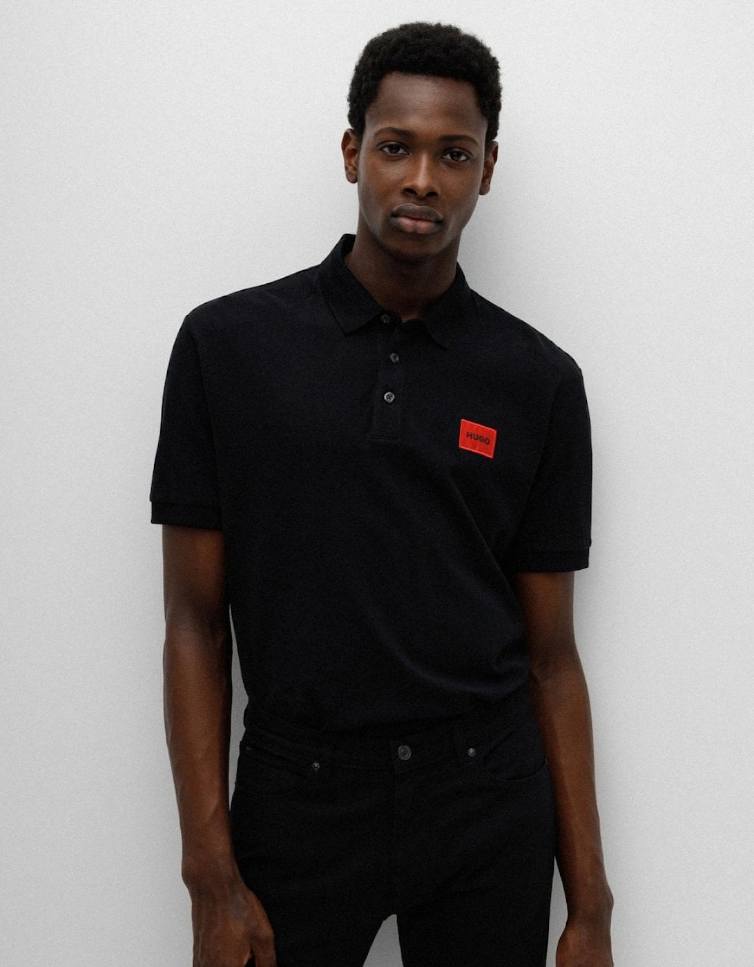 Men's HUGO Dereso222 Mens Cotton Piqué Slim-Fit Polo Shirt with Logo Label NOS - Black 001 - Size: 44