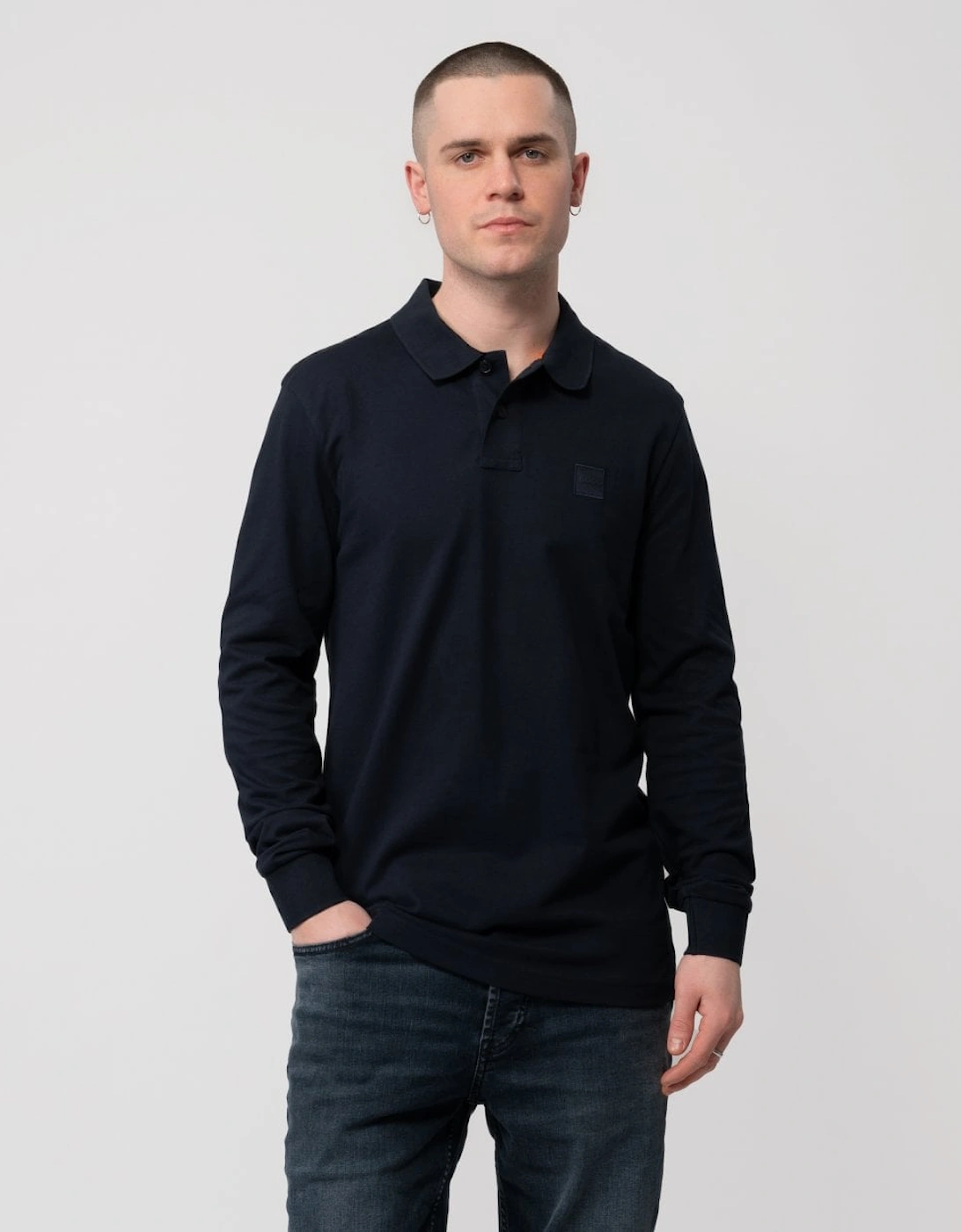 Hugo Boss Men's Boss Orange Passerby Mens Long Sleeve Stretch-Cotton Polo Shirt With Logo Patch Nos - Dark Blue 404 - Navy - Size, 44