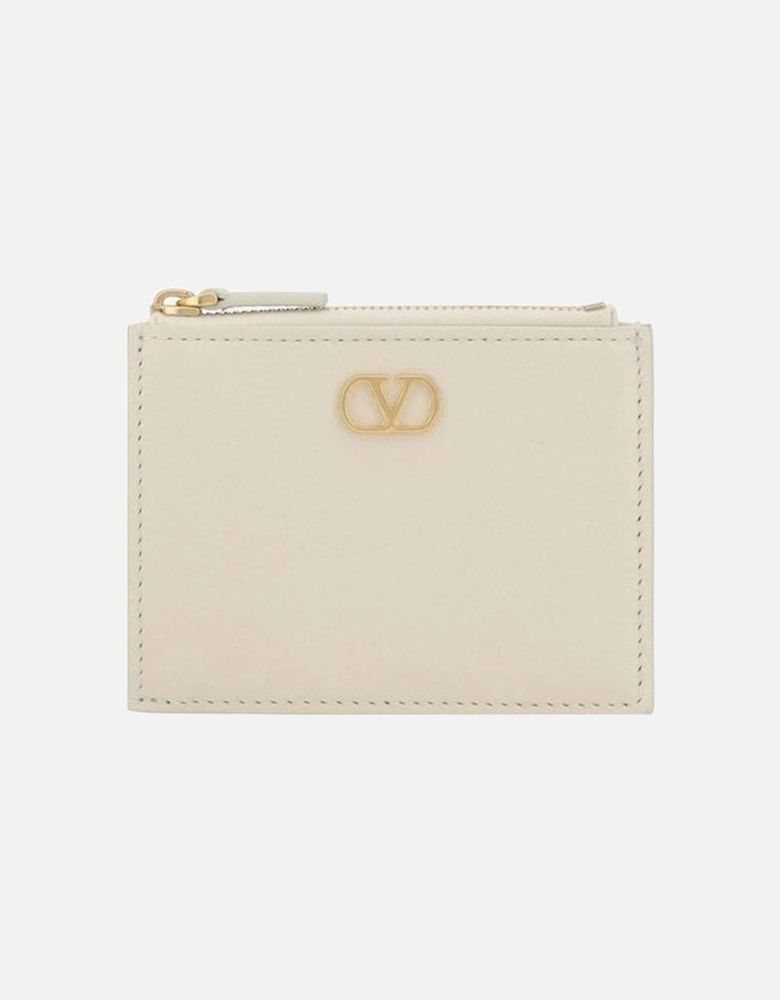 Leather Card Holder with VLogo Plaque and Zip Pocket Women - Cream