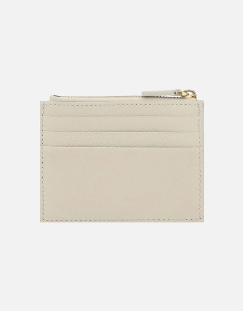 Leather Card Holder with VLogo Plaque and Zip Pocket Women - Cream