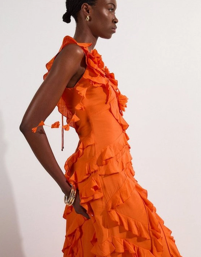 Ruffle & Applique V Front Viscose Woven Maxi Dress