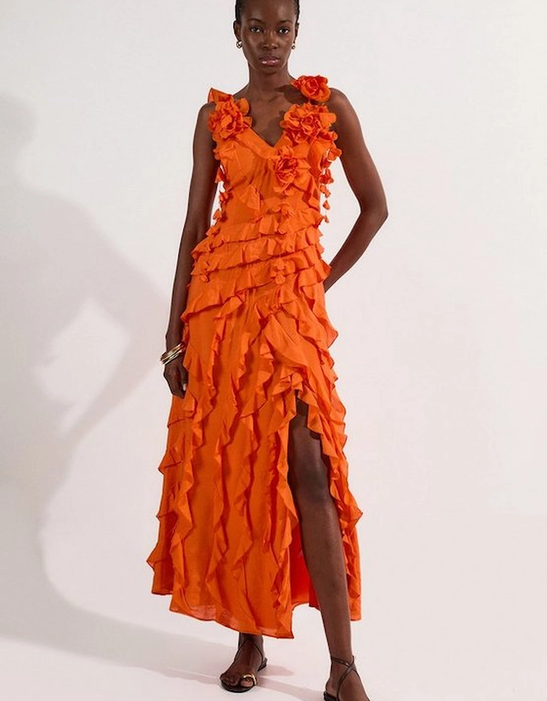 Ruffle & Applique V Front Viscose Woven Maxi Dress, 5 of 4