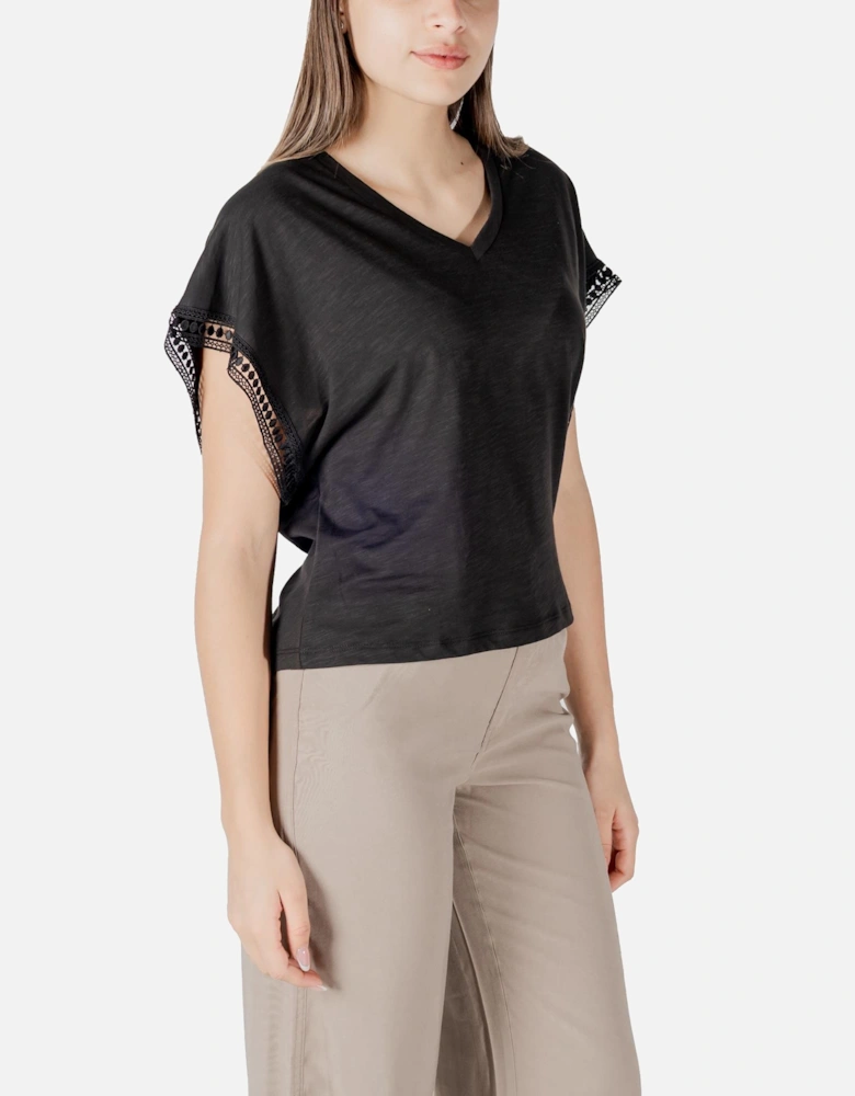V-Neck Short Sleeve Cotton Top Women - Black