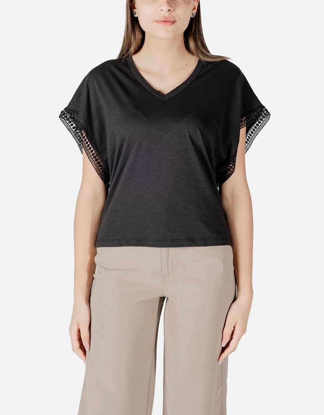 V-Neck Short Sleeve Cotton Top Women - Black, 4 of 3