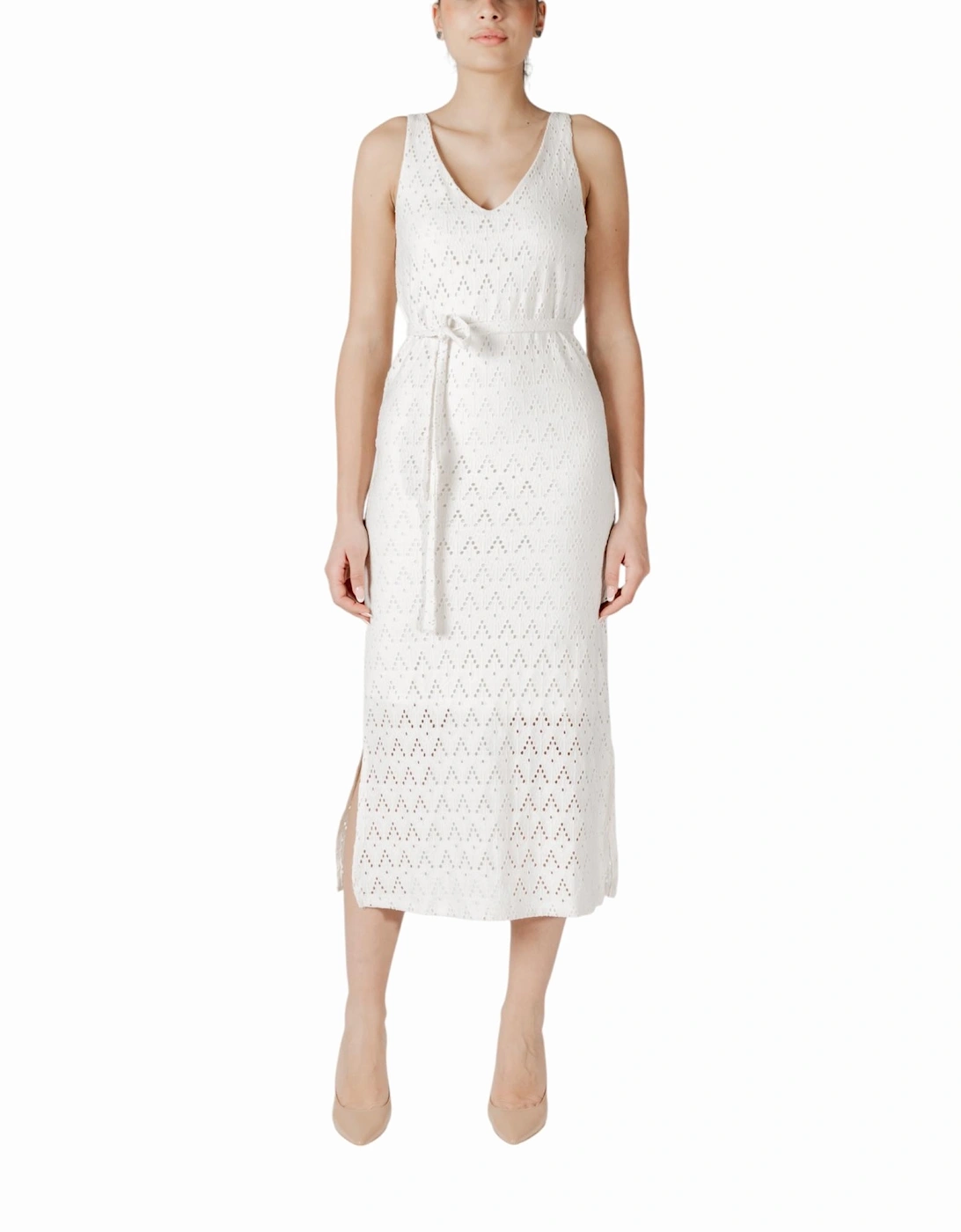 Sleeveless V-Neck Dress with Belt Women - Beige Dresses, 4 of 3