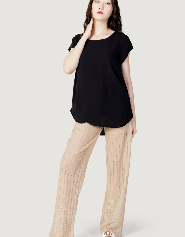 Round Neck Short Sleeve Viscose Blouse Women - Black