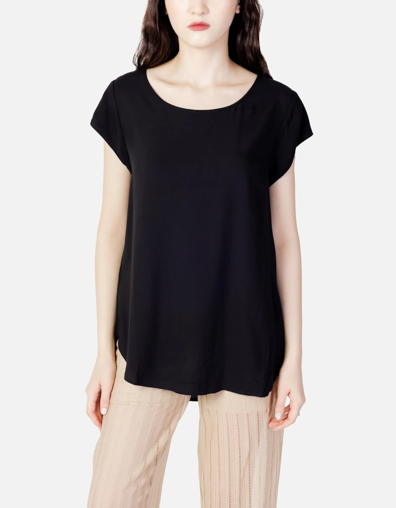 Round Neck Short Sleeve Viscose Blouse Women - Black