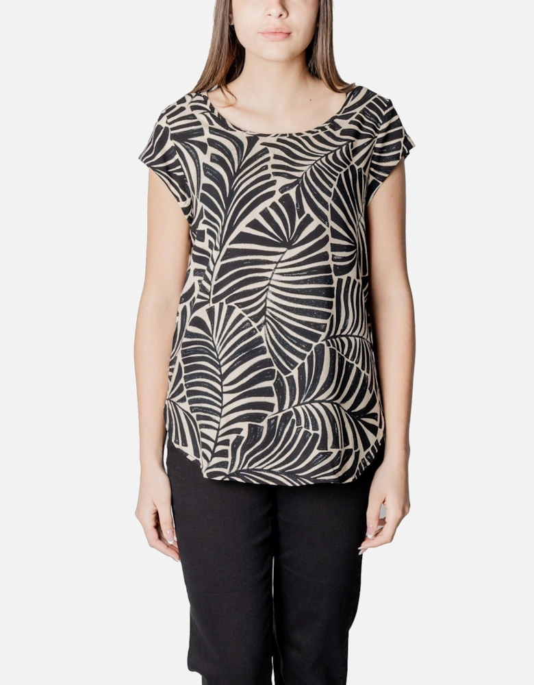 Floral Short Sleeve Round Neck Blouse Women - Beige