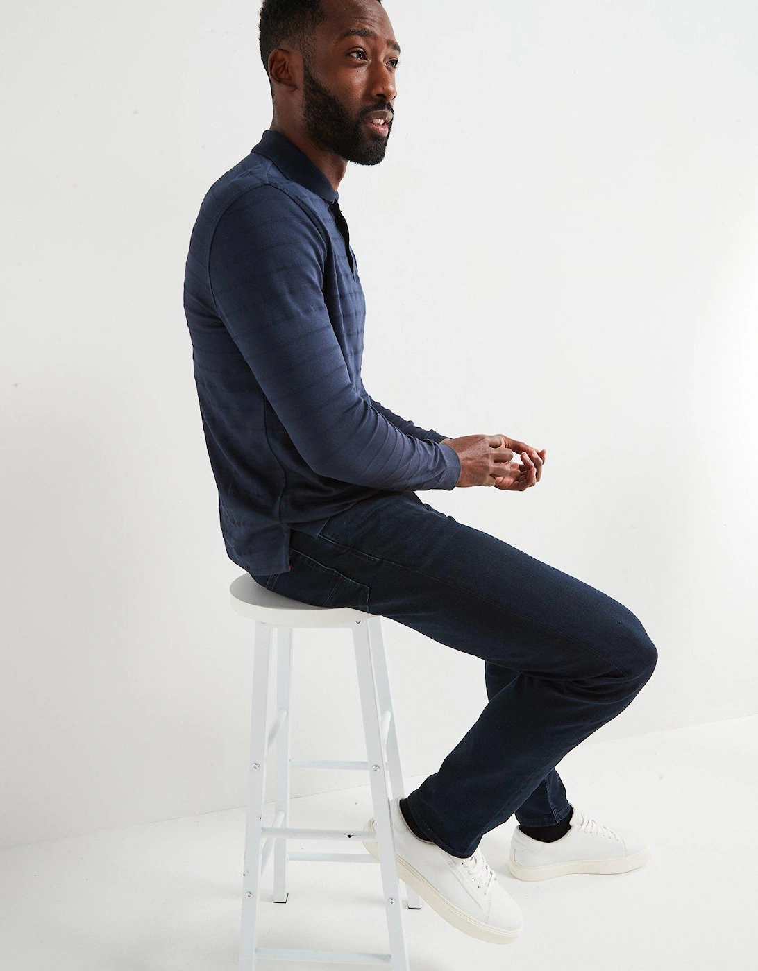 Regular Fit Mercerised Cotton Jacquard Stripe Long Sleeve Polo Shirt - Navy