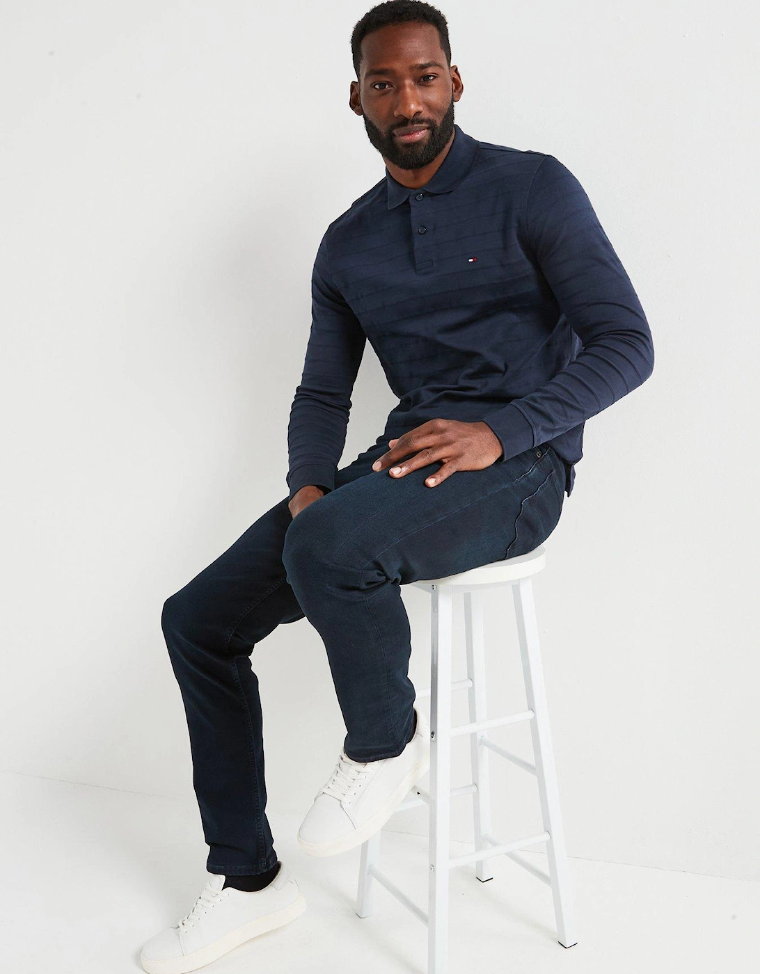 Regular Fit Mercerised Cotton Jacquard Stripe Long Sleeve Polo Shirt - Navy