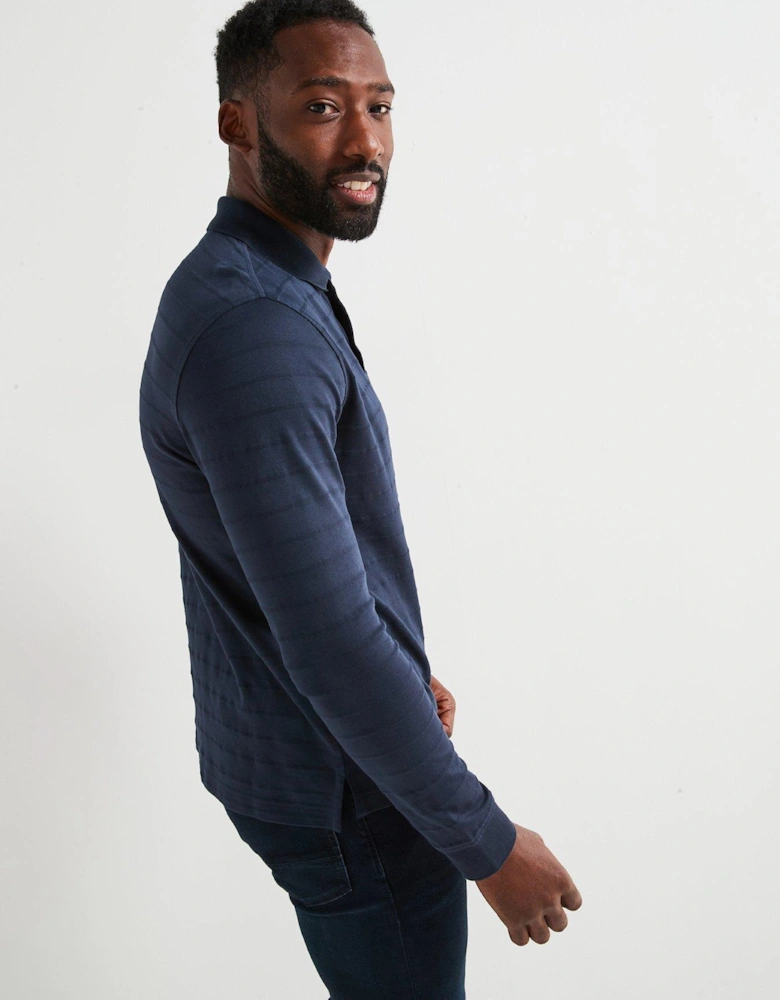 Regular Fit Mercerised Cotton Jacquard Stripe Long Sleeve Polo Shirt - Navy