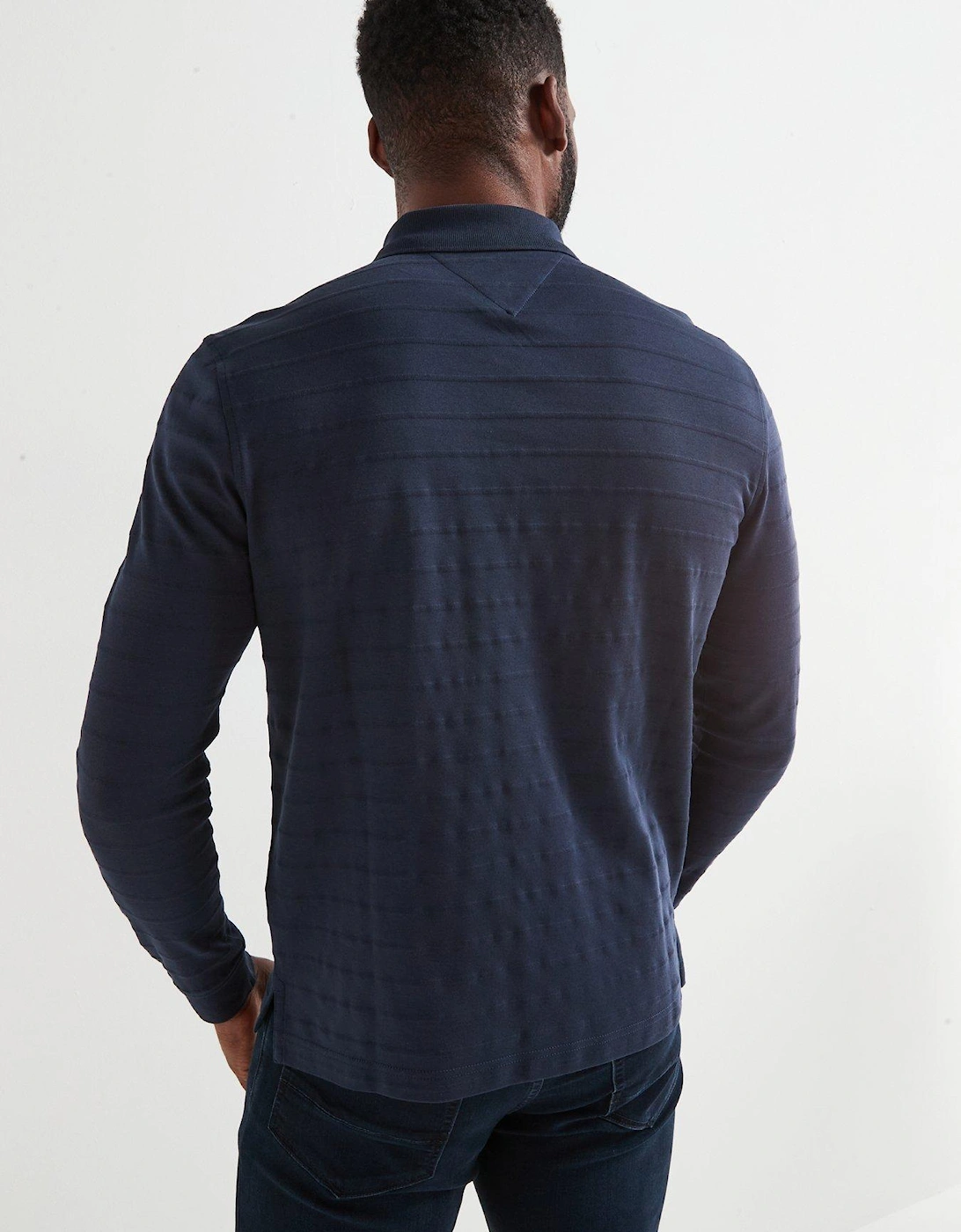 Regular Fit Mercerised Cotton Jacquard Stripe Long Sleeve Polo Shirt - Navy
